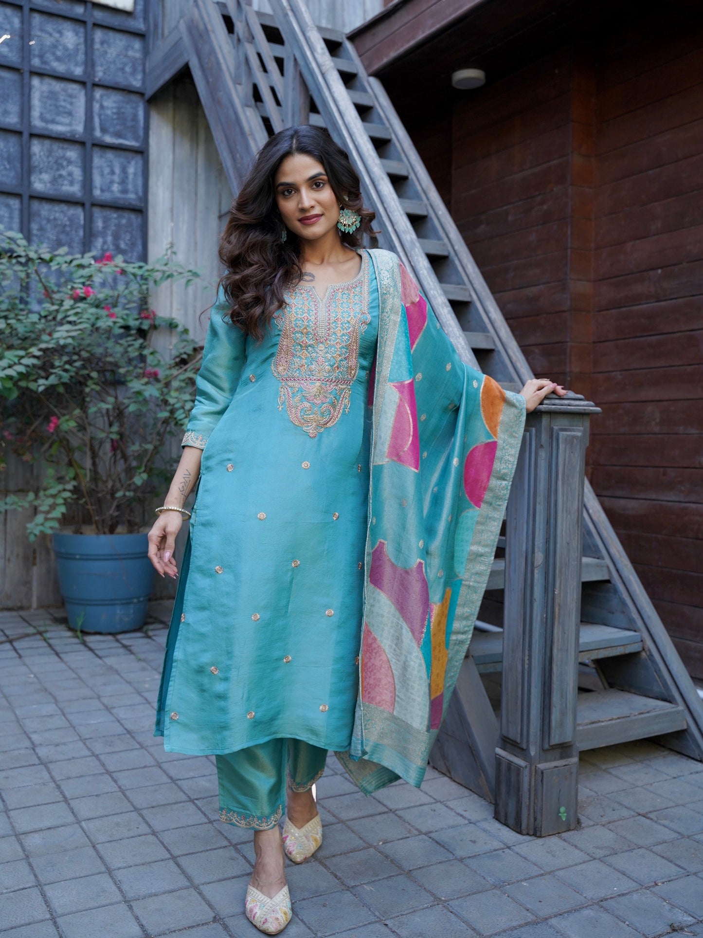 Glittering Teal Soft Tissue Ready to Wear Silk Kurti Set Geetha Creation