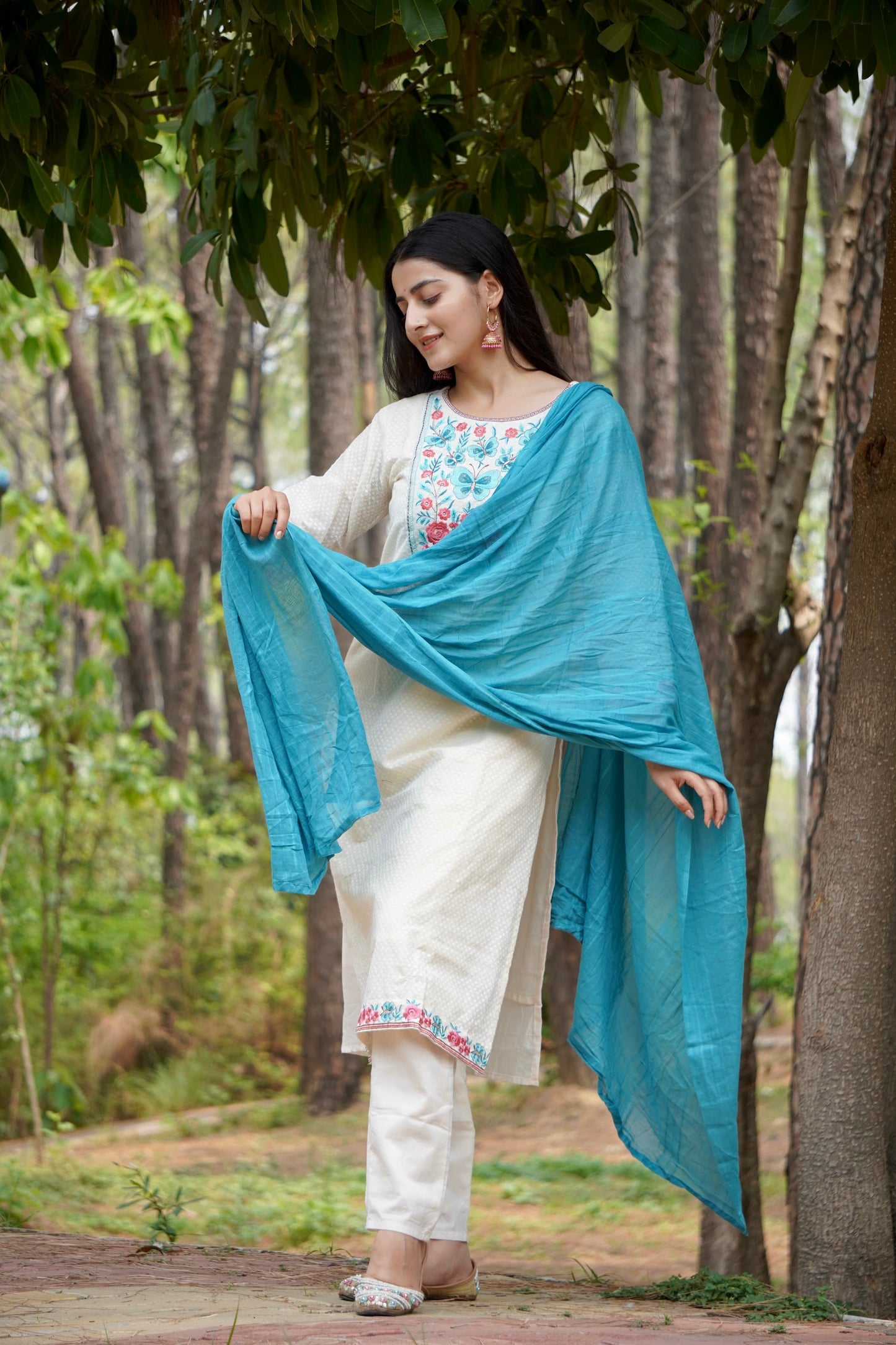 Dreamy Soft Teal and Cream Pure Cotton Kurti Set Geetha Creation