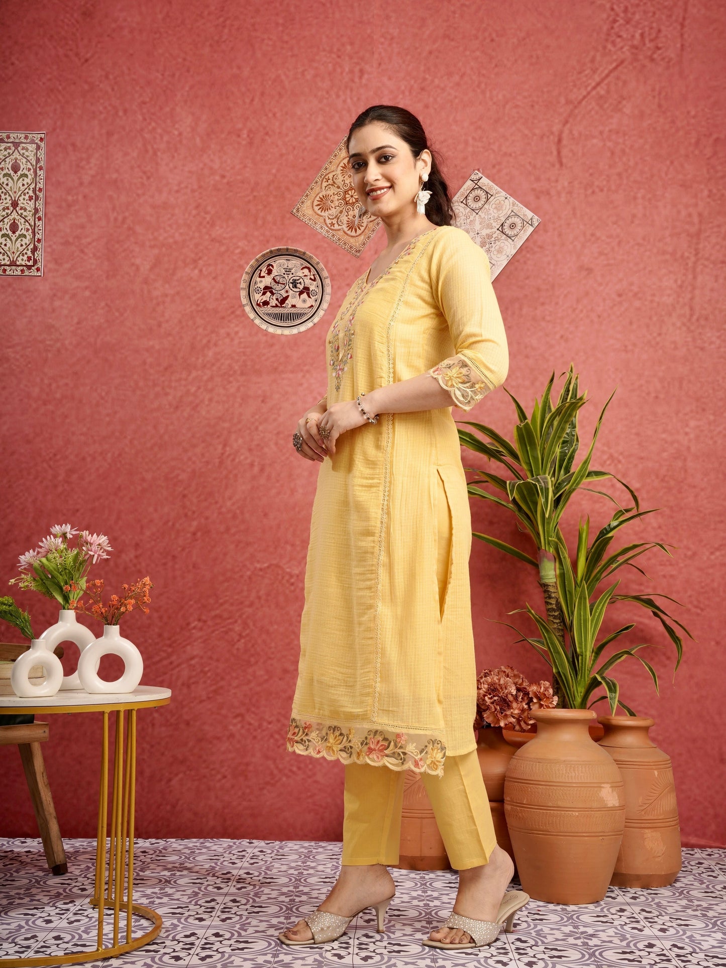 Ethnic Yellow Pure Cotton Kota Doria Dress Geetha Creation