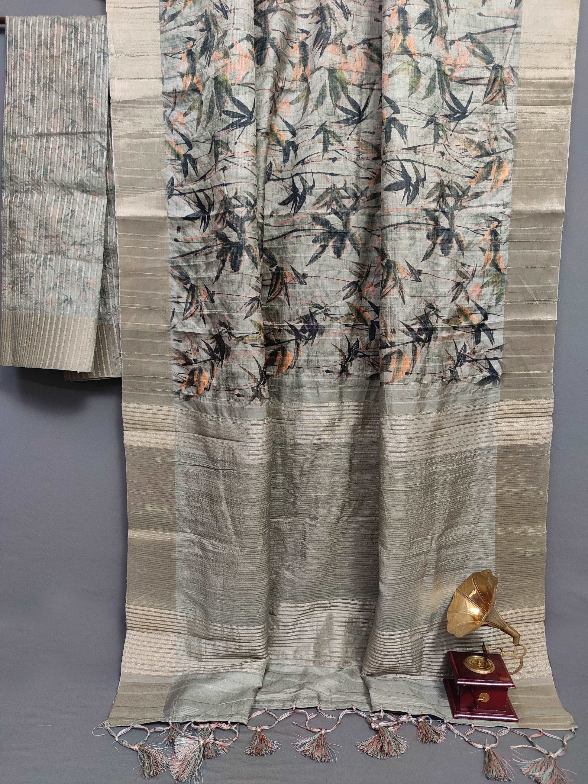 Charcoal Leafy Hues Handloom Tussar Saree C4