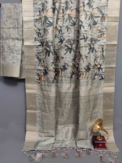 Charcoal Leafy Hues Handloom Tussar Saree C4