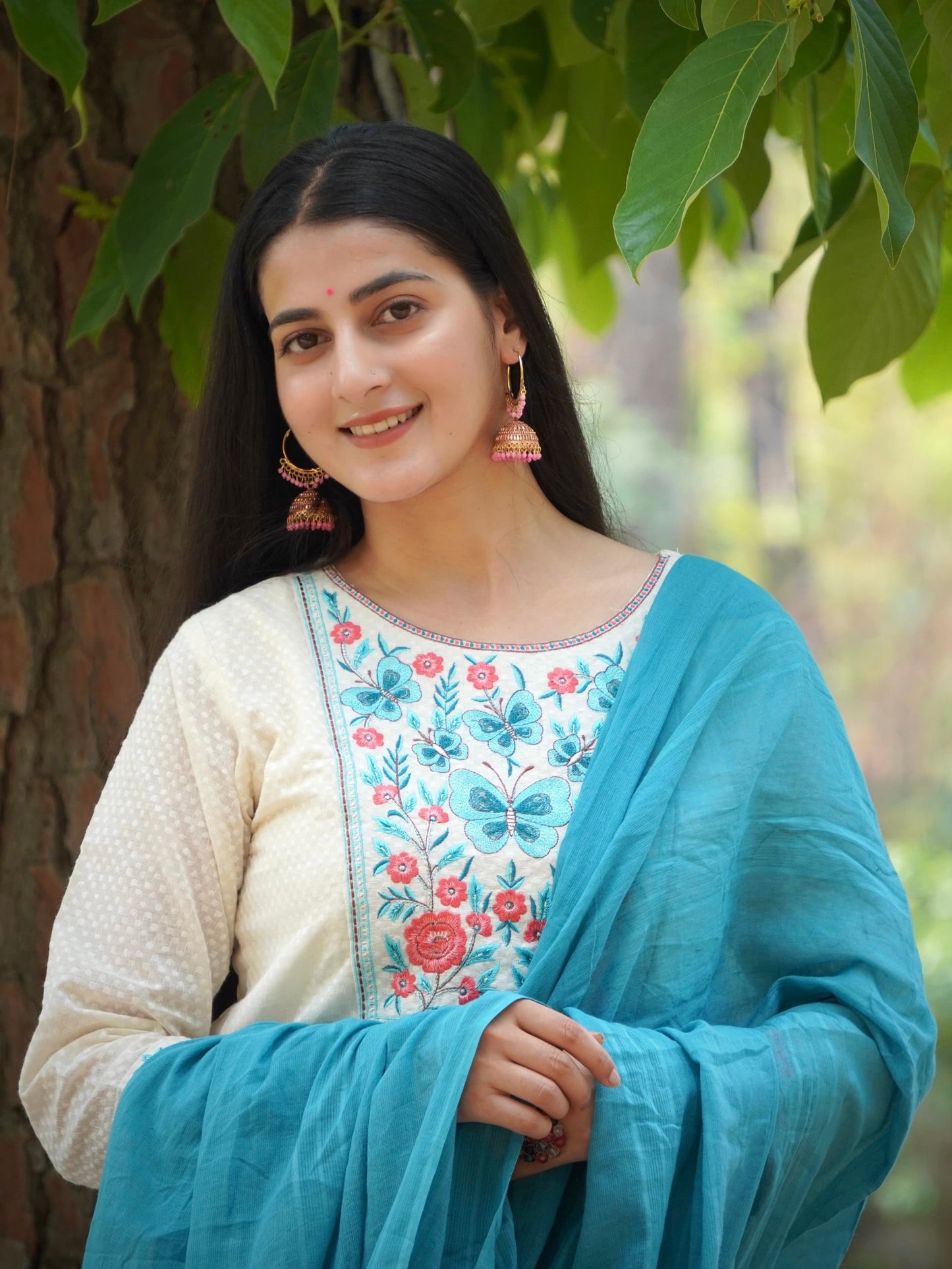 Dreamy Soft Teal and Cream Pure Cotton Kurti Set Geetha Creation