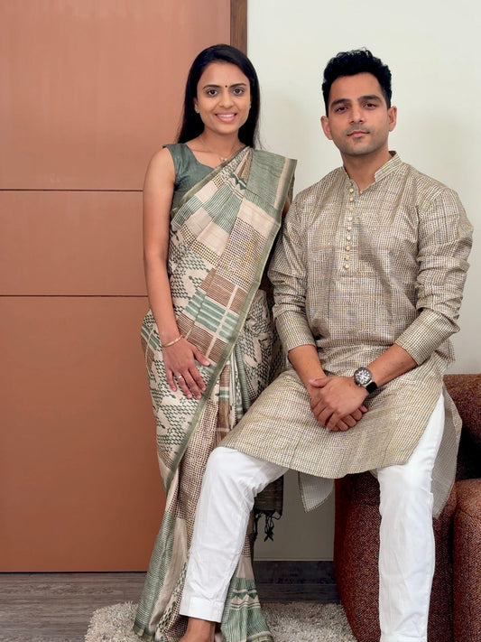 Green Block Fusion Unstitched Couple Set