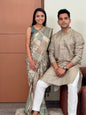 Green Block Fusion Unstitched Couple Set
