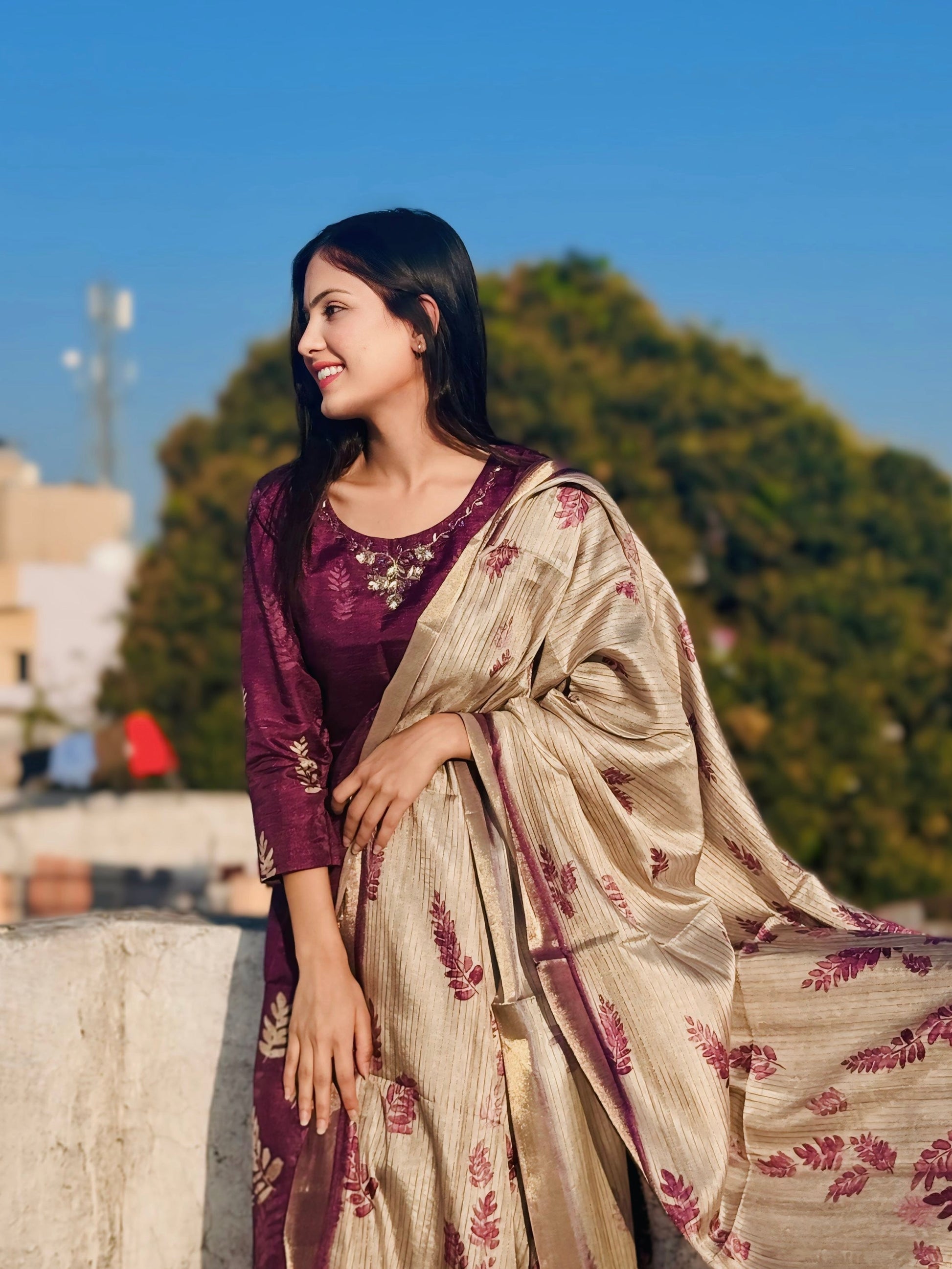 Luxurious Wine Floral Ready to Wear Silk Kurti Set Geetha Creation