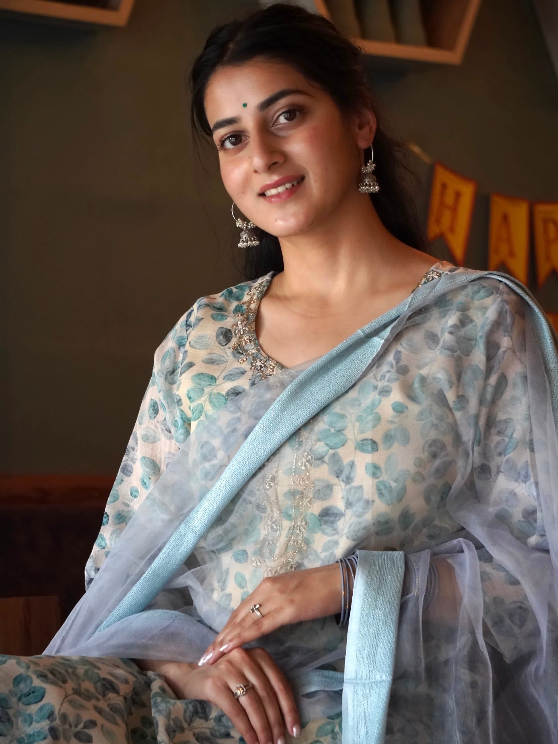 Sparkling Teal Blue Ombre Organza Ready to Wear Silk Kurti Set Geetha Creation