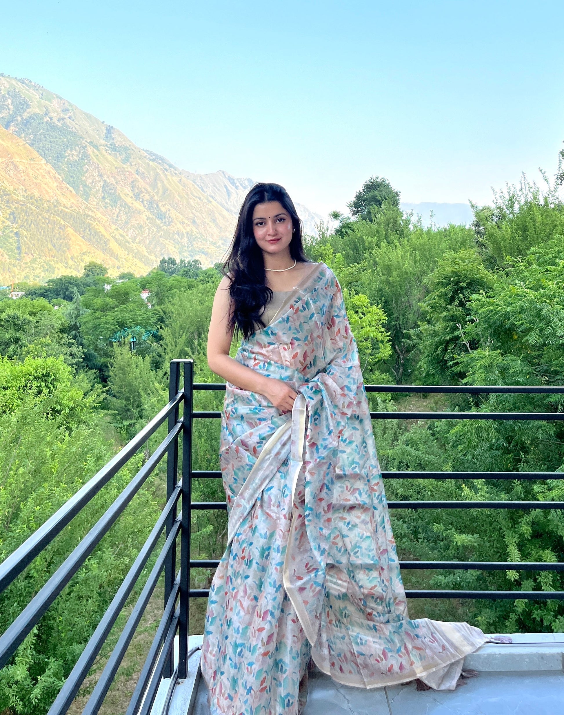 Warm Cream Wildflower Radiant Satin Saree CSB1 Geetha Creation