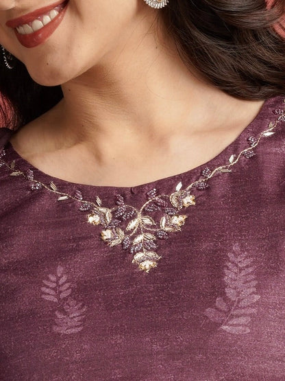 Luxurious Wine Floral Ready to Wear Silk Kurti Set Geetha Creation