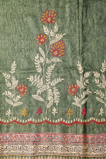 Pure Hazel Green Chanderi Ghicha Hand Kantha Unstitched Suit Set Geetha Creation