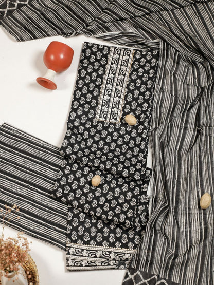 Pure Smoky Black Soft Cotton Unstitched Suit Set