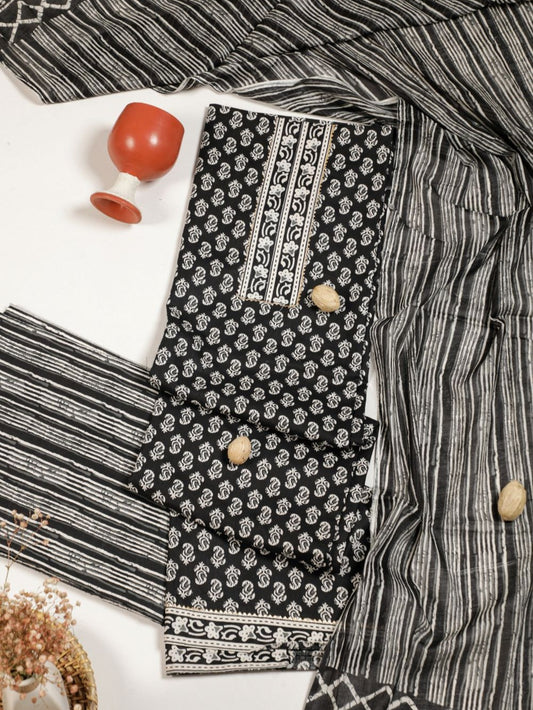 Pure Smoky Black Soft Cotton Unstitched Suit Set