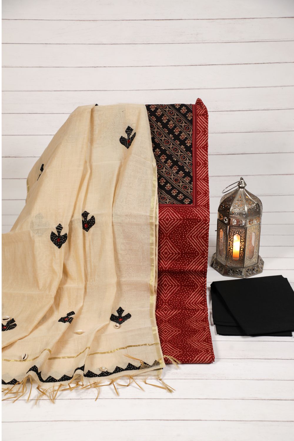 Bandhani Indian Red Applique Cotton Unstitched Suit Set. Geetha Creation