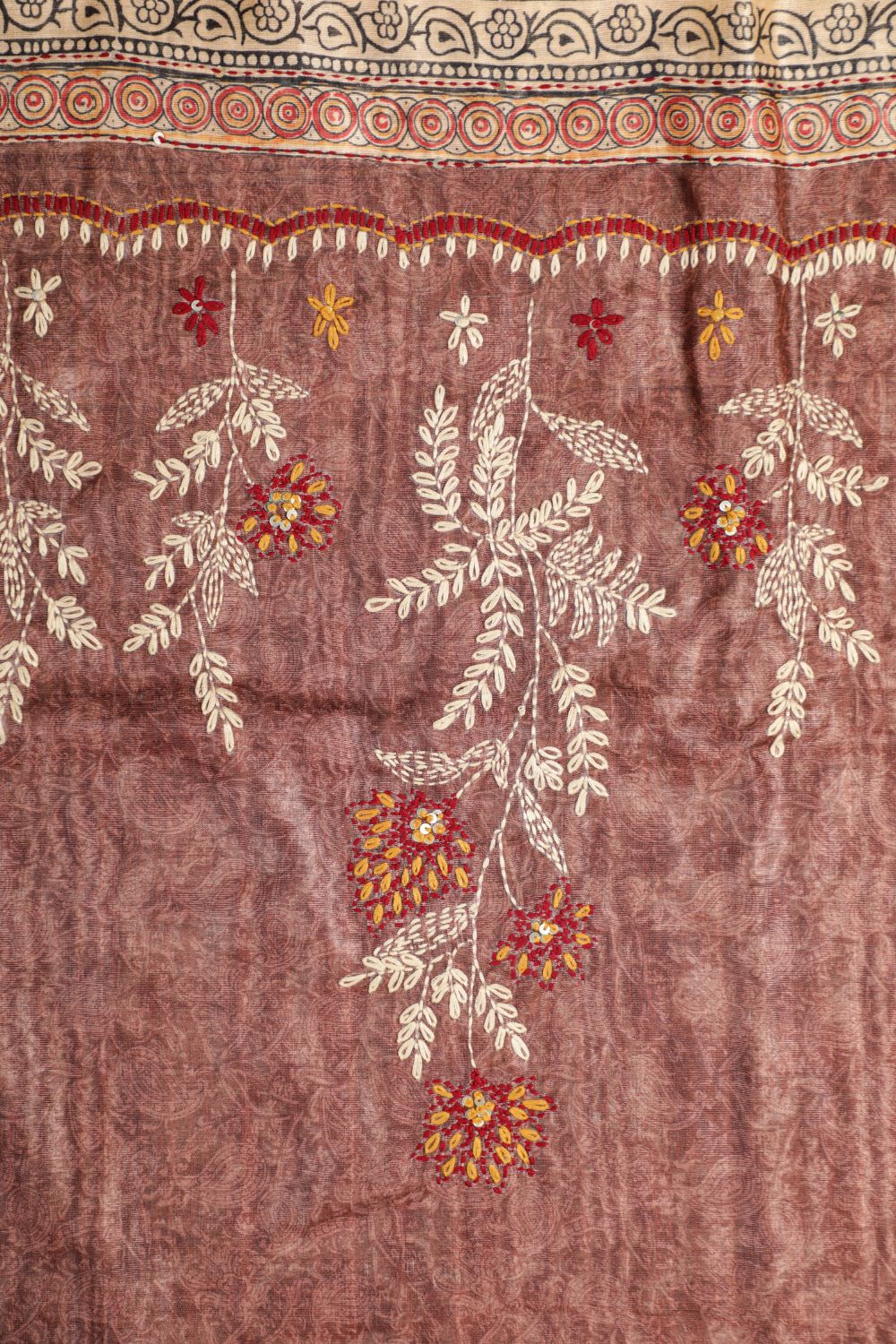 Pure Copper Rose Hand Kantha in Chanderi Ghicha Unstitched Suit set Geetha Creation