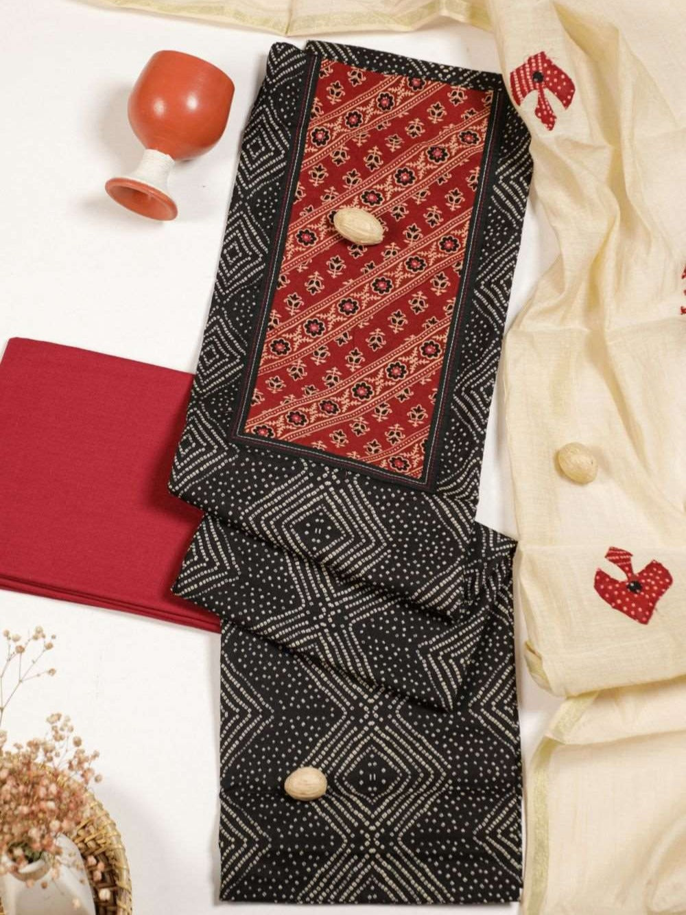 Bandhani Black Olive Applique cotton unstitched suit set.