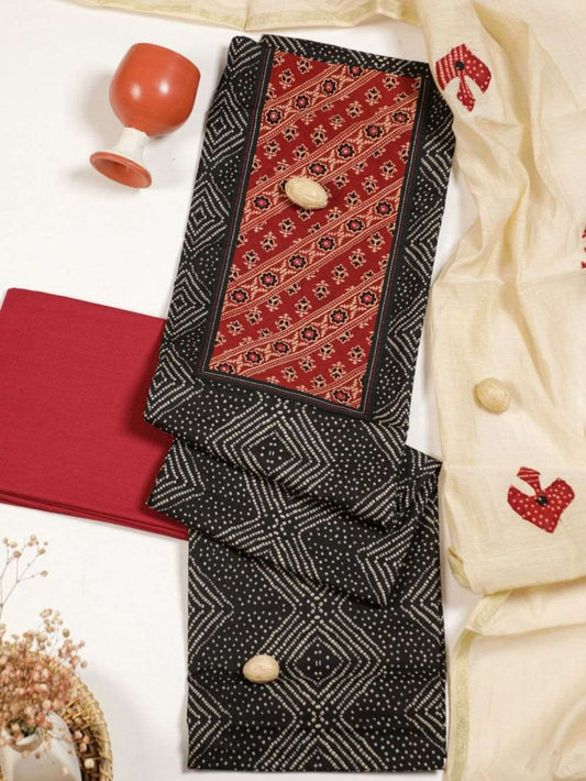 Bandhani Black Olive Applique cotton unstitched suit set.