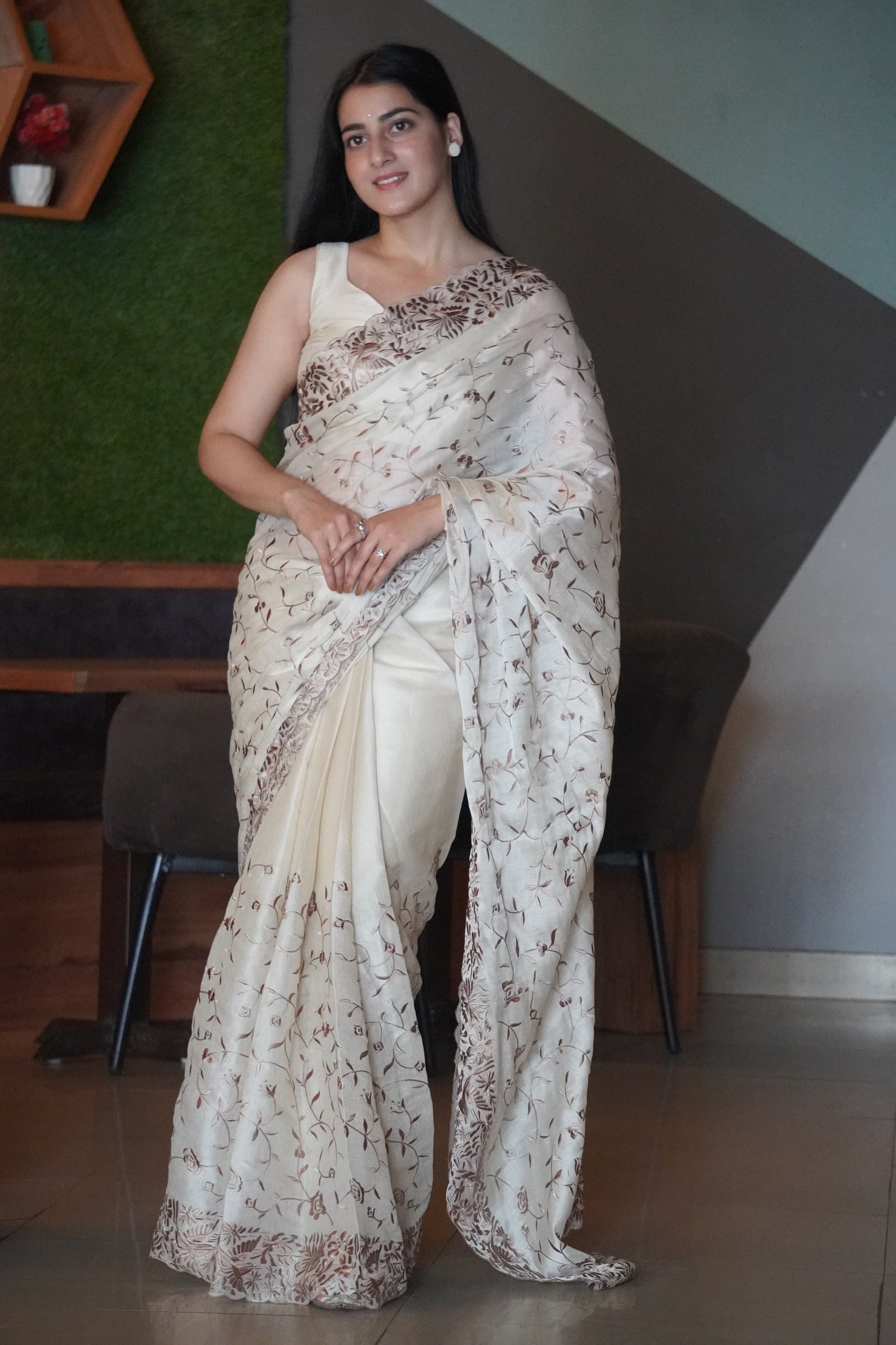 Mother of Pearl Soft Satin Fully Embroidered Saree CSE Geetha Creation