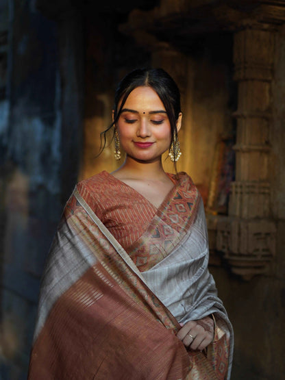 Chikoo Orange With Stylish Border Chapa Handloom Tussar Saree C1 Geetha Creation