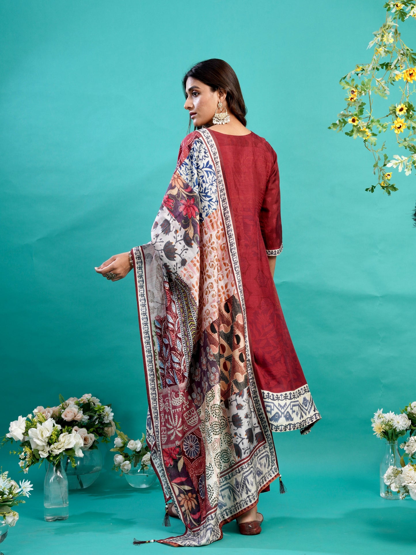 Cherry Red Soft Tussar A-Line Ready to Wear Kurti Set Geetha Creation