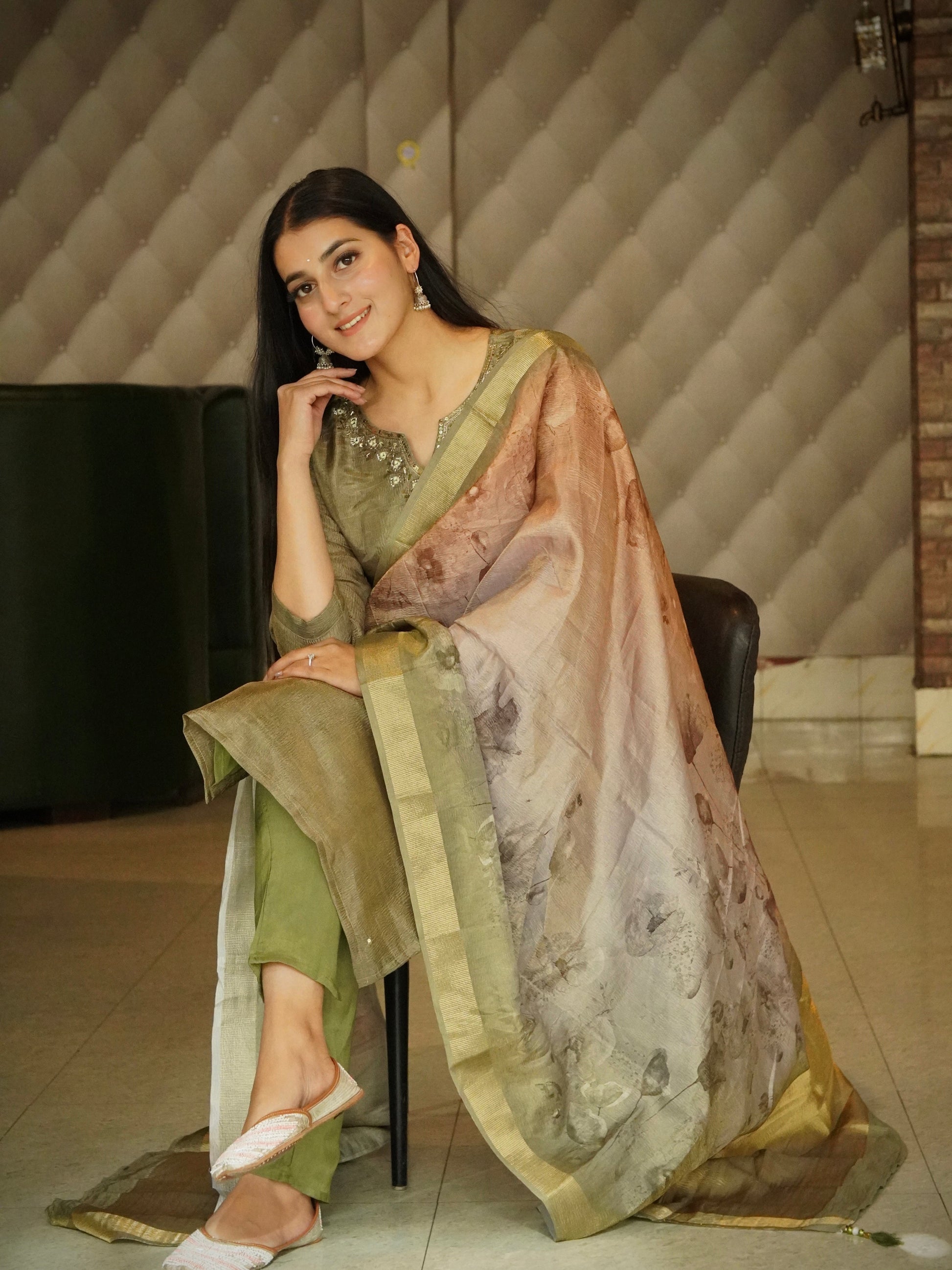 Glittering Olive Soft Tissue Ready to Wear Kurti Set Geetha Creation