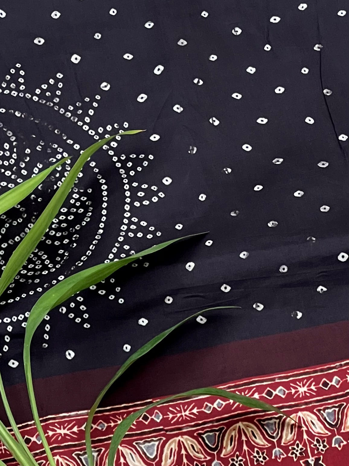 Bandhani Motif Buttery Soft Silk with Contrast Red Jacquard Border Saree Geetha Creation