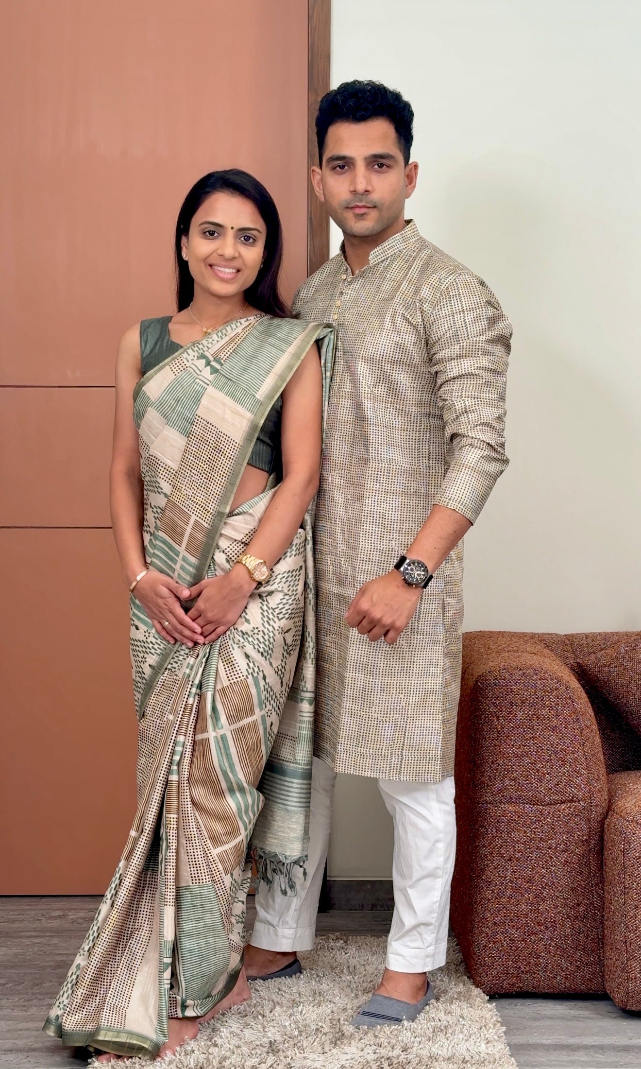 Green Block Fusion Unstitched Couple Set Geetha Creation