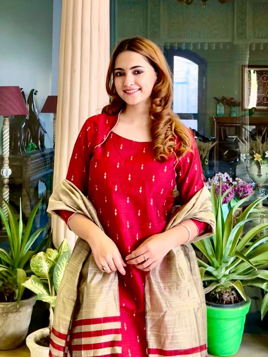 Elegant Red with Chikoo Ready to Wear Cotton Silk Kurta Set Geetha Creation