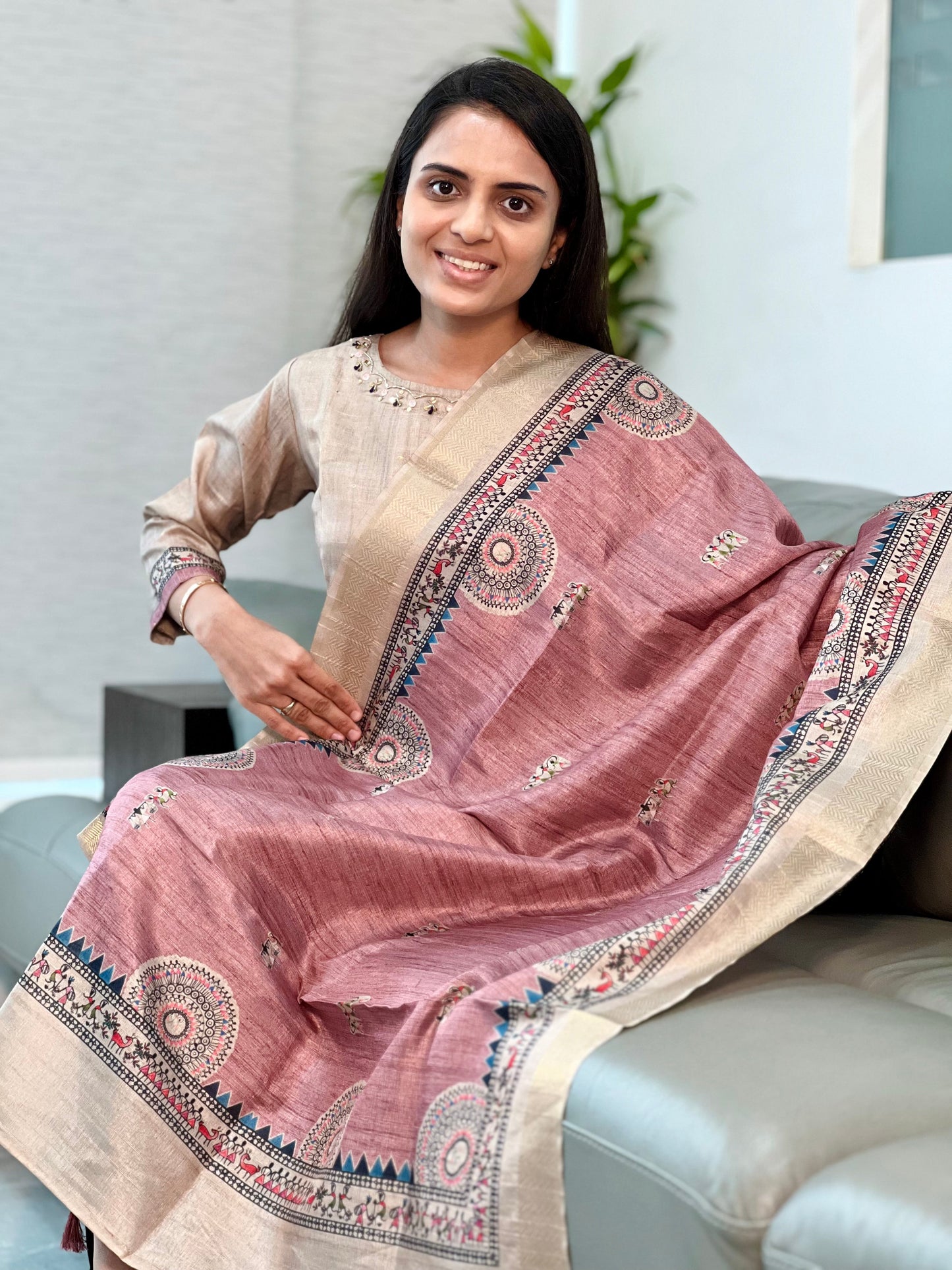 Pink with Chikoo Madhubani Ready to Wear Silk Kurti Set Geetha Creation