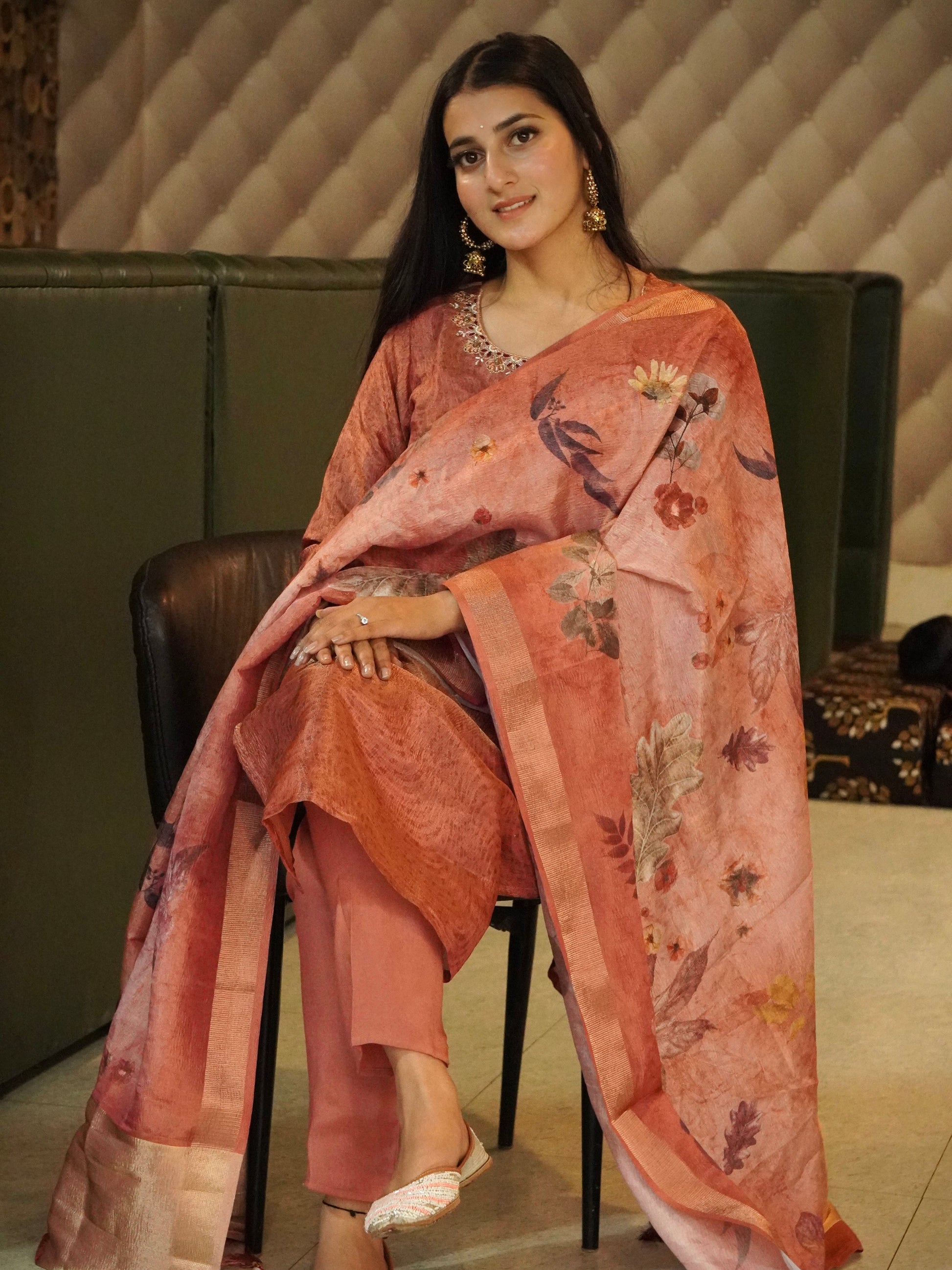Glittering Rust Soft Tissue Ready to Wear Kurti Set Geetha Creation