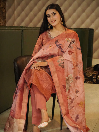 Glittering Rust Soft Tissue Ready to Wear Kurti Set Geetha Creation