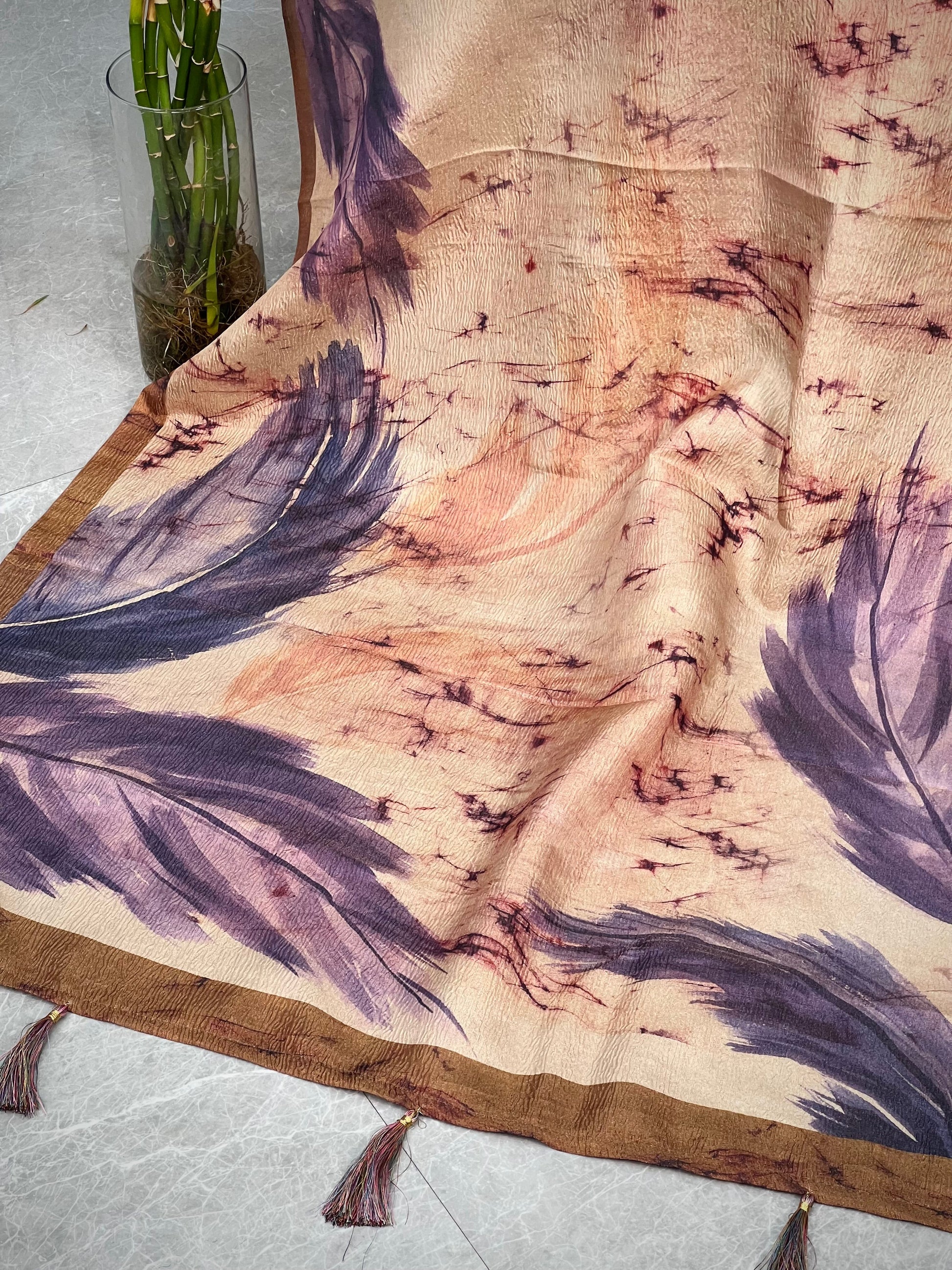 Purple Leaves in Tussar Tissue Crushed Saree Geetha Creation