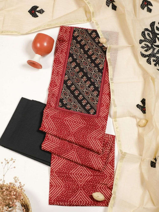 Bandhani Indian Red Applique Cotton Unstitched Suit Set.