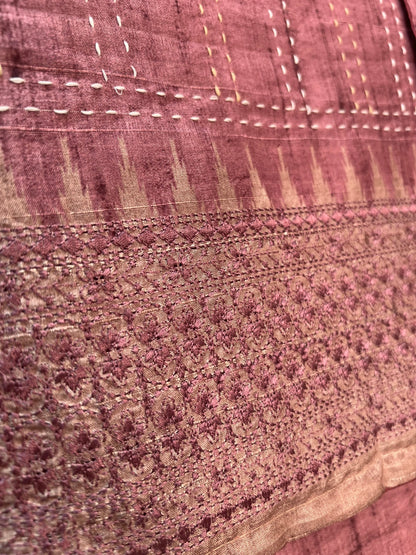 Gorgeous Pink and Chikoo Embroidery with Kantha Unstitched Salwar Set Geetha Creation