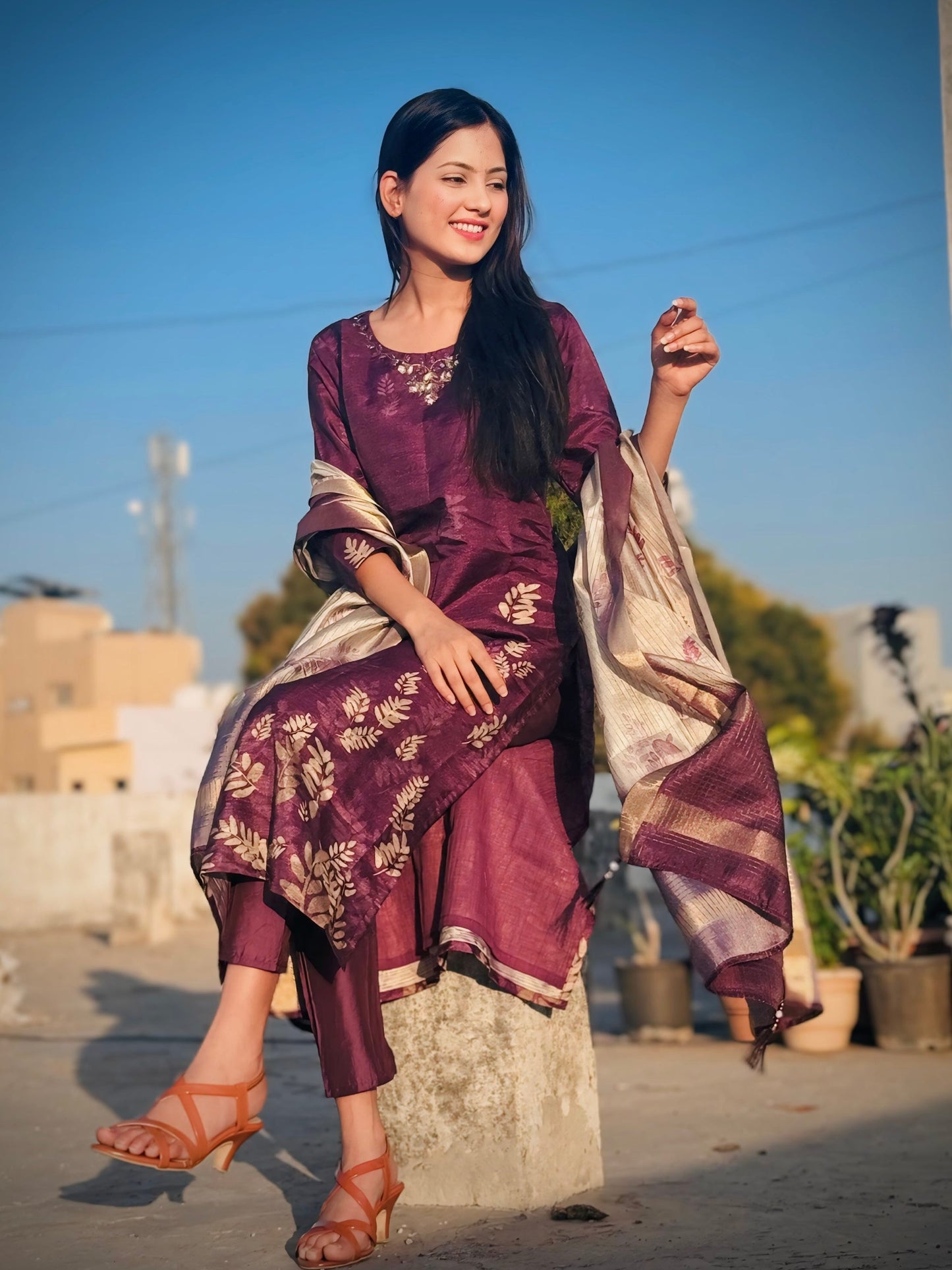 Luxurious Wine Floral Ready to Wear Silk Kurti Set Geetha Creation