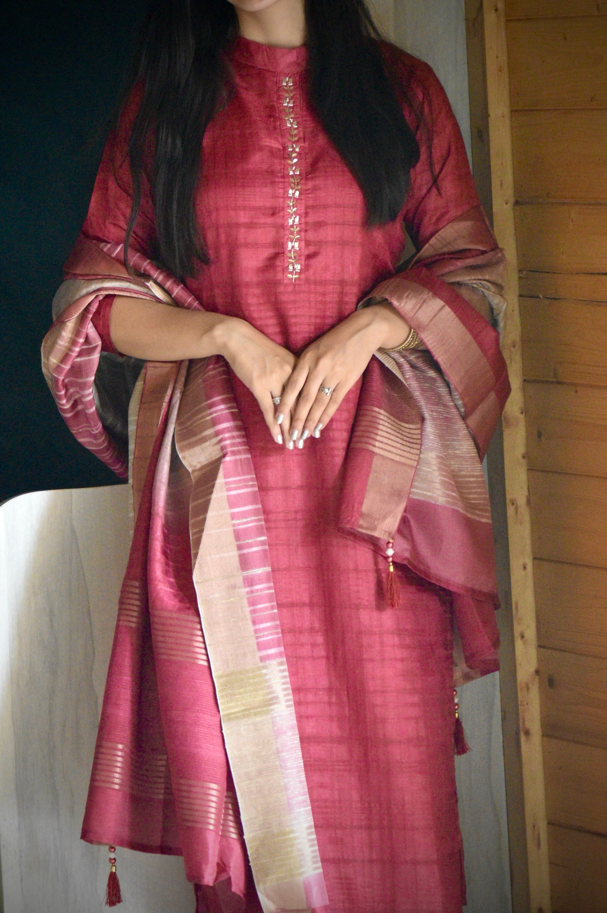 Luxurious Rose Red Ready to Wear Silk Kurti Set Geetha Creation