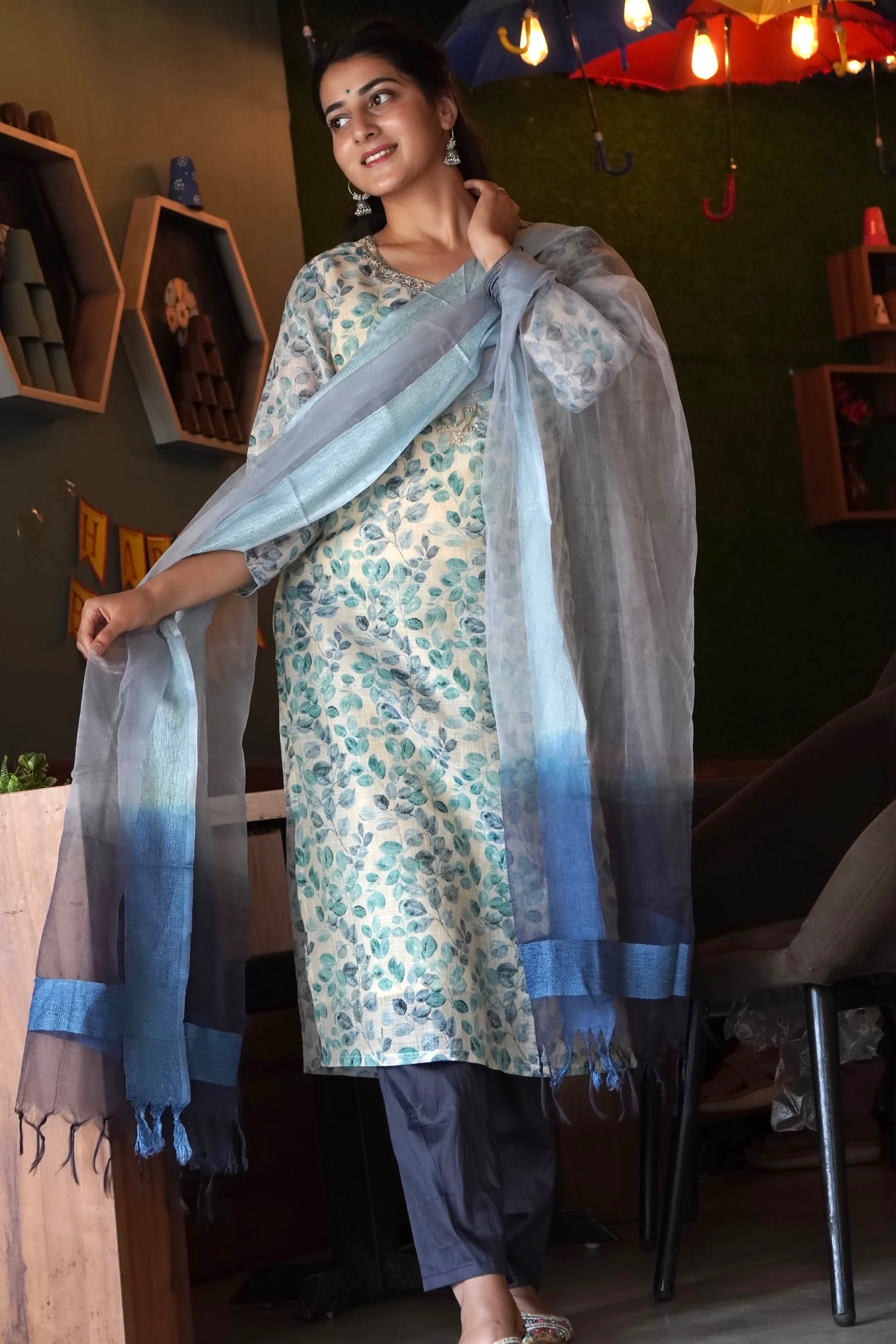 Sparkling Teal Blue Ombre Organza Ready to Wear Silk Kurti Set Geetha Creation
