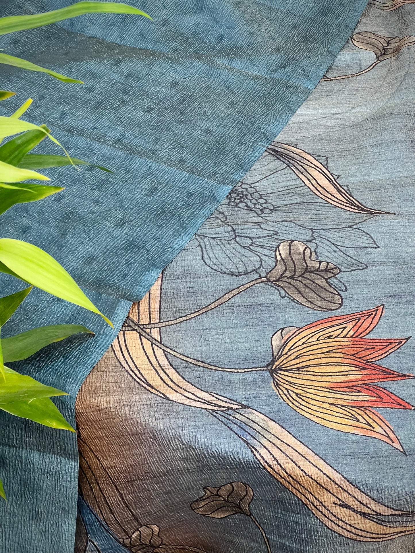 Imaginary Blue Garden Tussar Tissue Crushed Saree Geetha Creation
