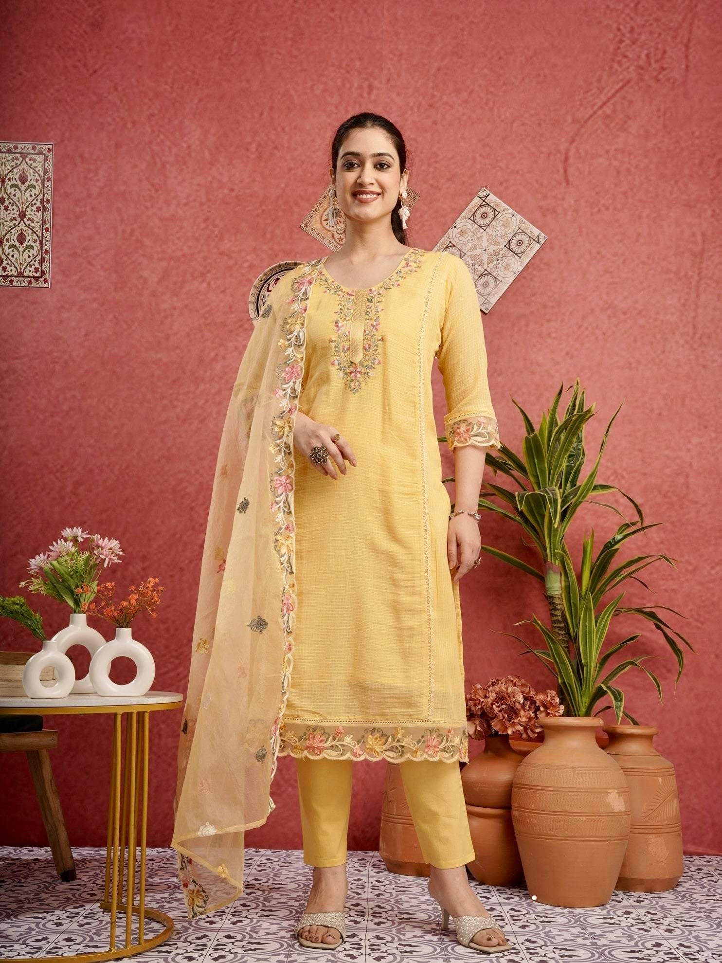 Ethnic Yellow Pure Cotton Kota Doria Dress Geetha Creation