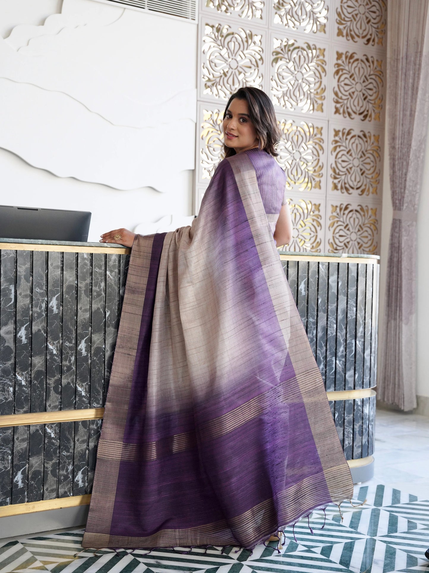 Luxurious Lavender with Chikoo Semi Tussar Saree