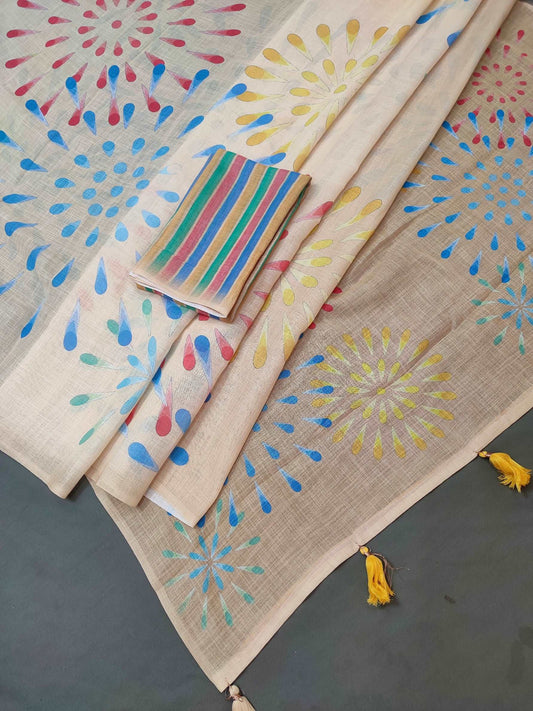 Firecrackers in Cream Abstract Linen Saree