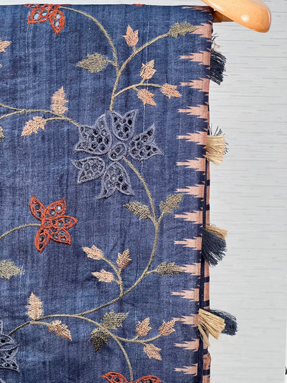 Traditional Navy Blue Embroidered Tussar Saree Geetha Creation