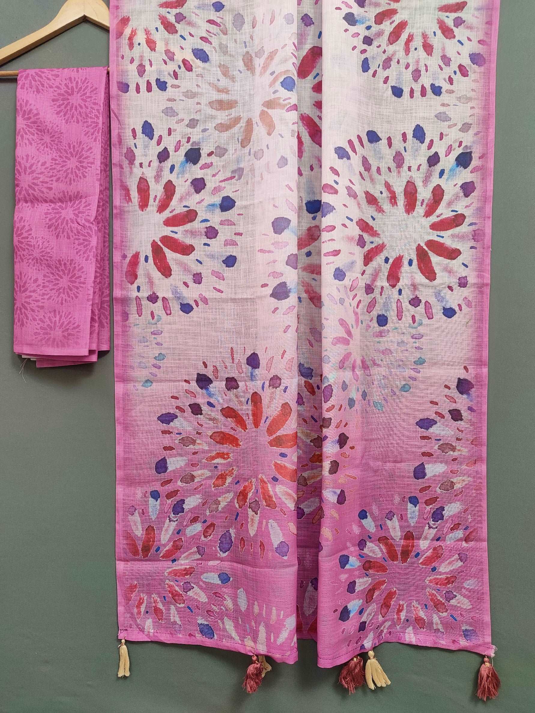 Bursting Rainbow Pink Abstract Linen Saree