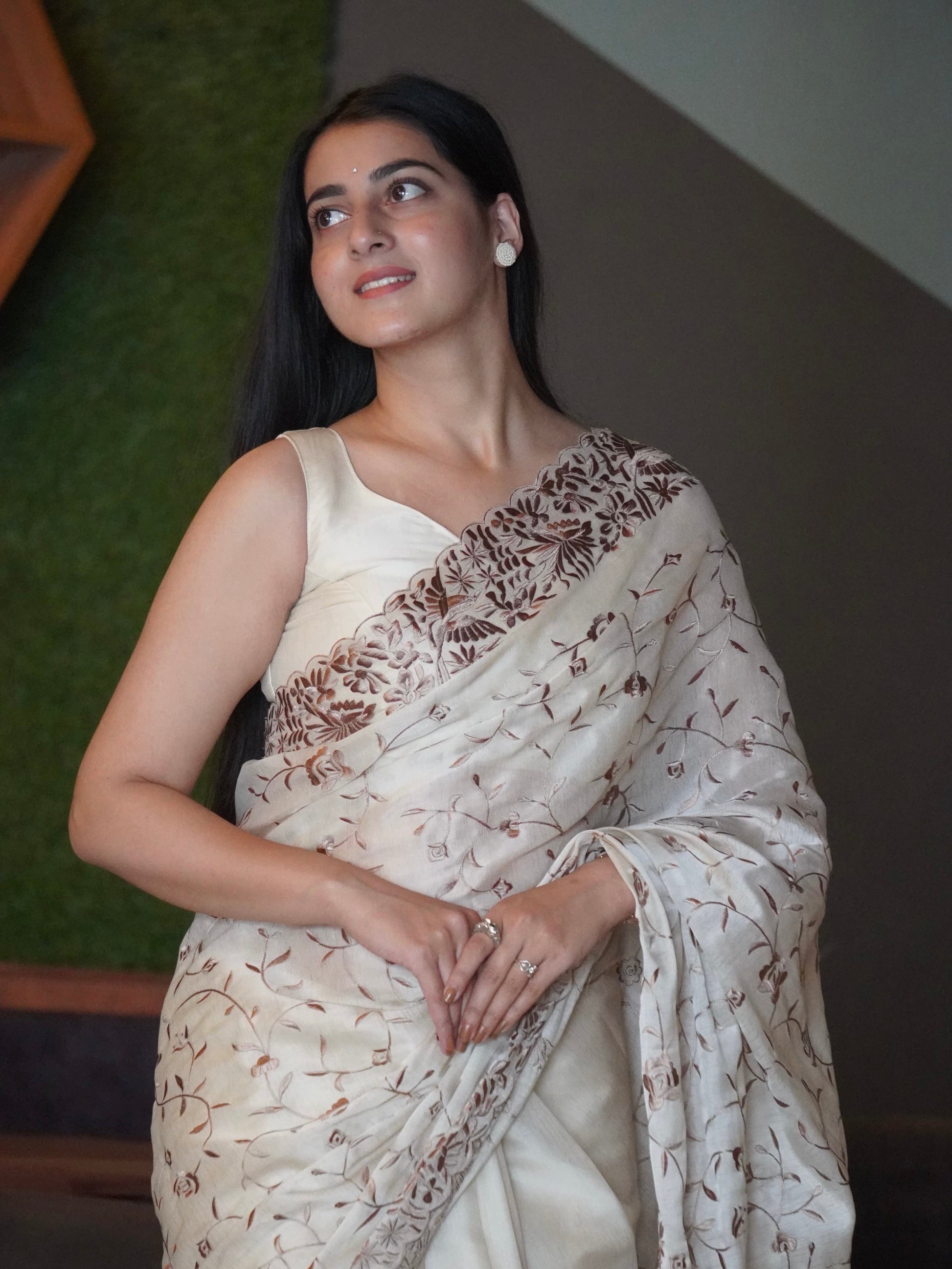 Mother of Pearl Soft Satin Fully Embroidered Saree CSE Geetha Creation