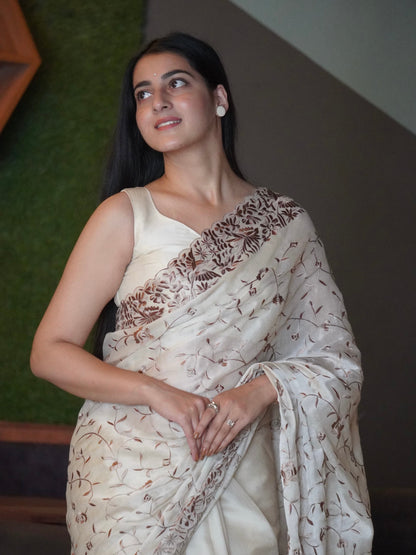Mother of Pearl Soft Satin Fully Embroidered Saree CSE Geetha Creation