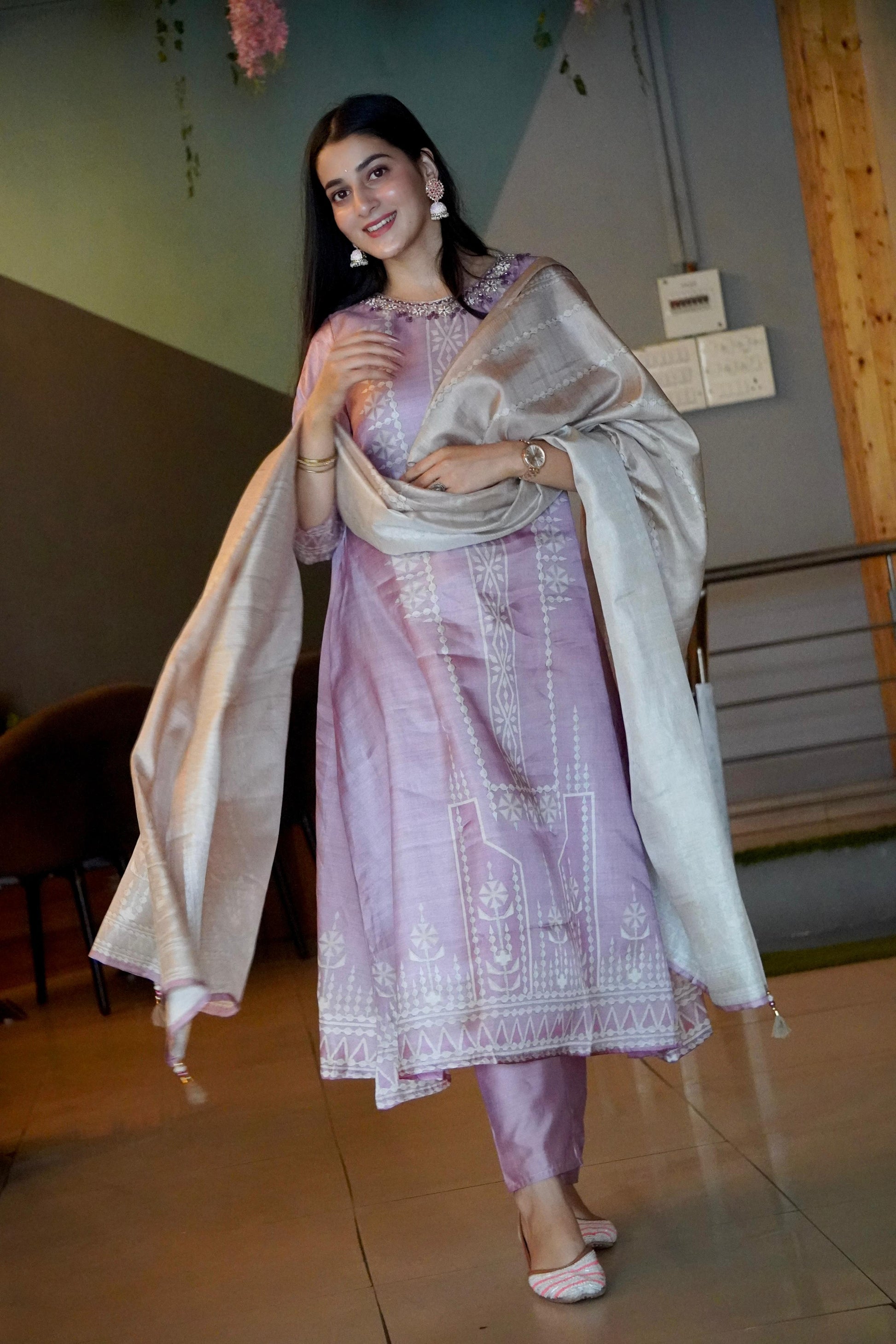 Pretty Pink Soft Tussar A-Line Ready to Wear Kurti Set Geetha Creation