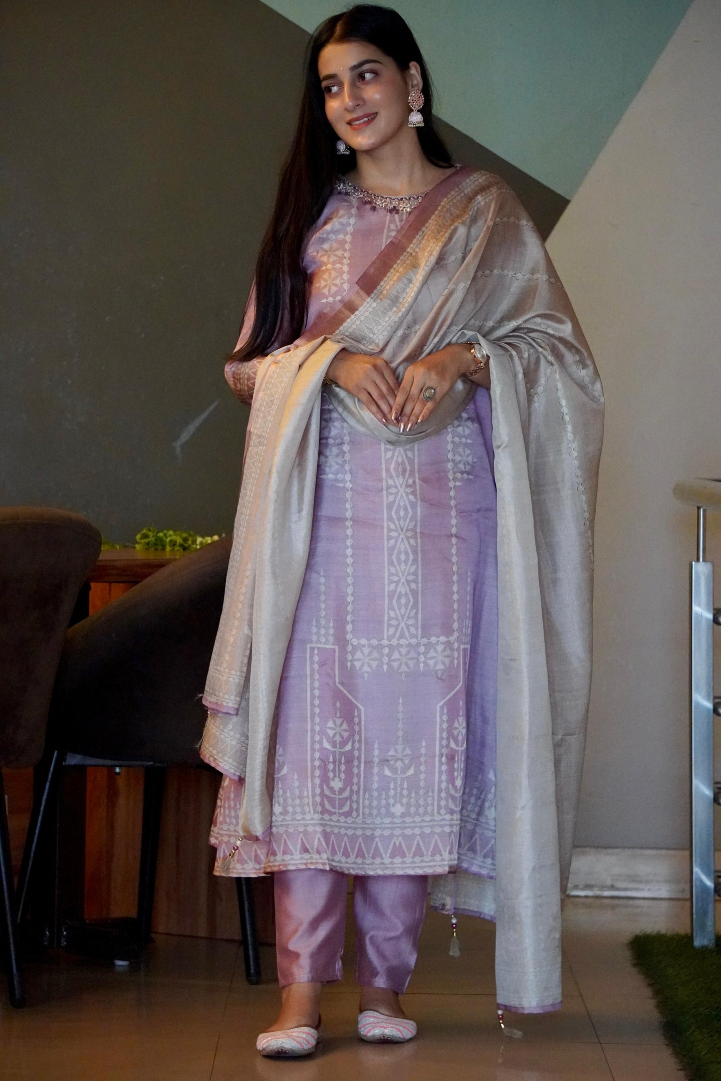 Pretty Pink Soft Tussar A-Line Ready to Wear Kurti Set Geetha Creation