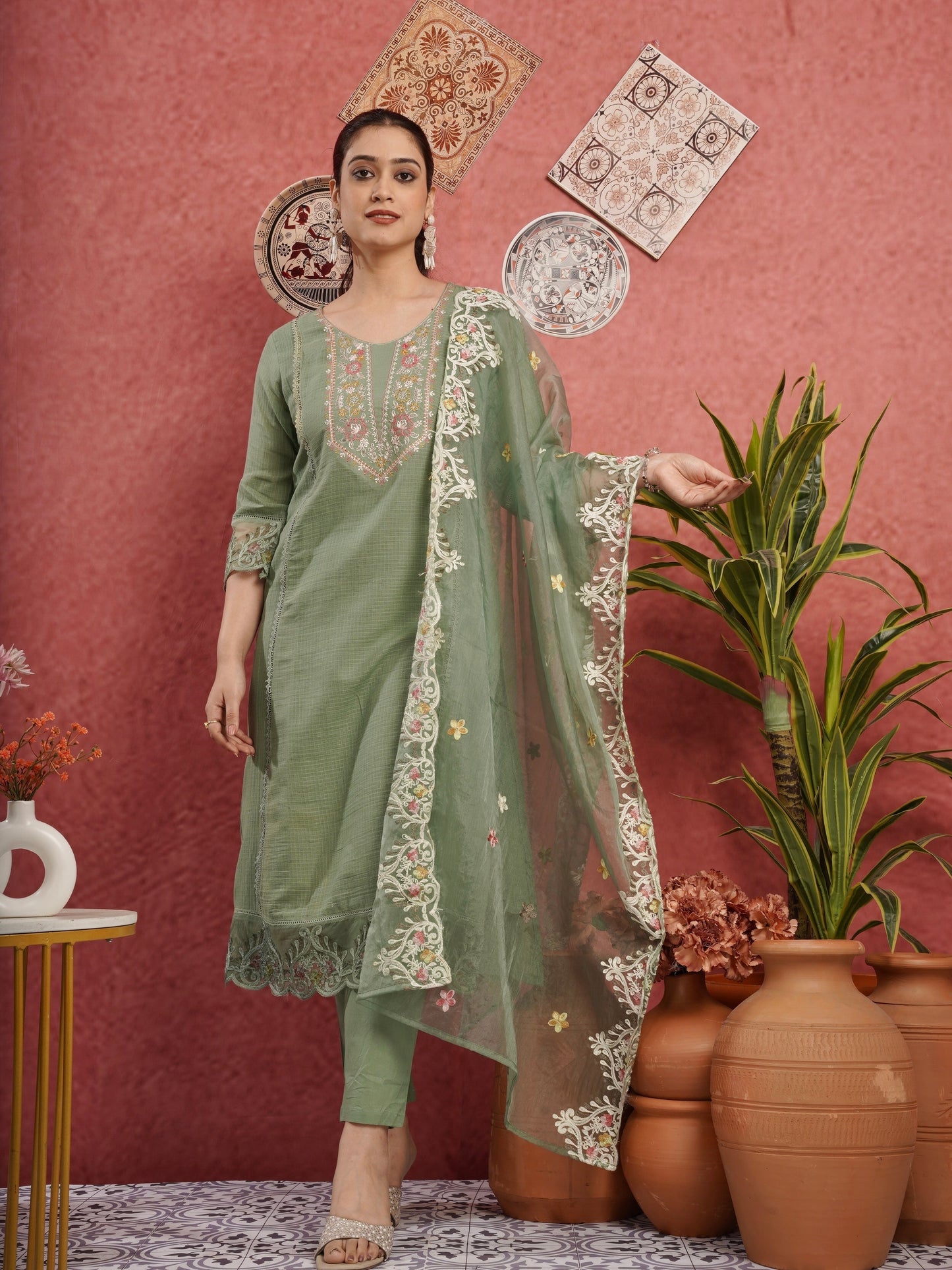 Ethnic Green Pure Cotton Kota Doria Dress Geetha Creation
