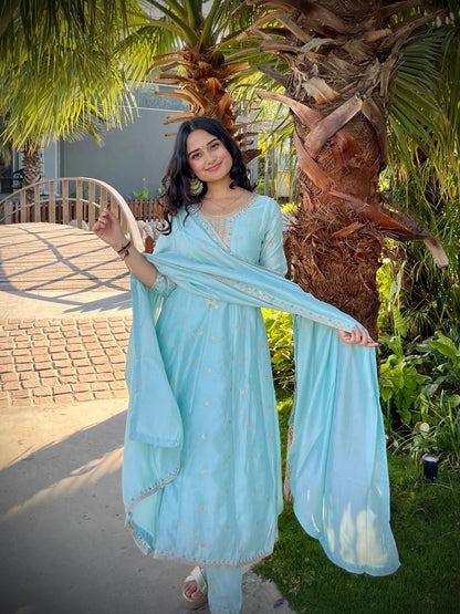 Milky Blue Maharani Soft Silk Anarkali Dress Geetha Creation