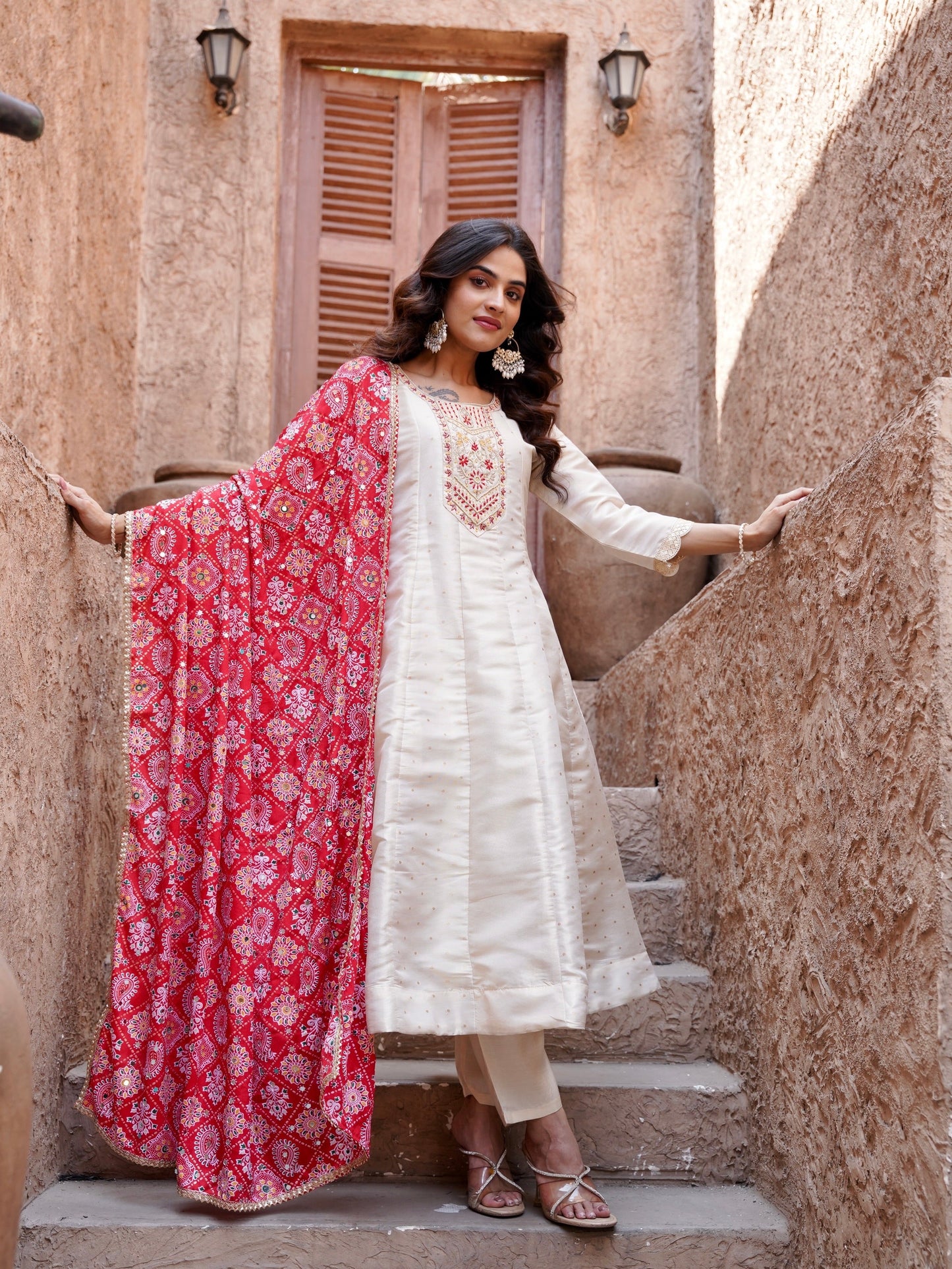 Classic Red and Ivory Ready to Wear Dress Geetha Creation