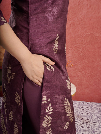 Luxurious Wine Floral Ready to Wear Silk Kurti Set Geetha Creation