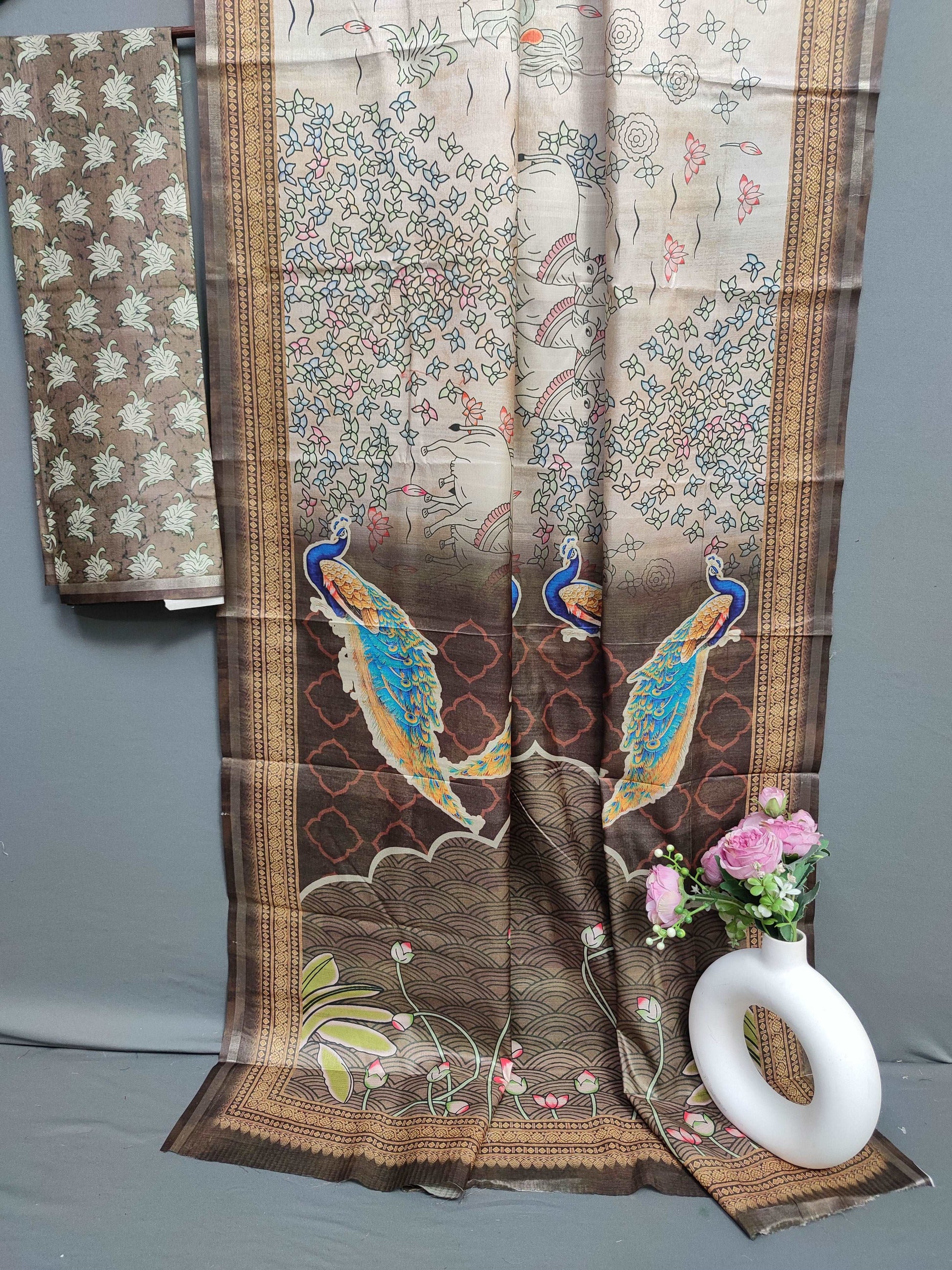 Beige Pastel Pavo and Bovidae Fine Border Tussar Saree FBS2